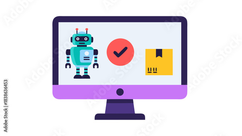 Teal Robot Character Stands Beside Red Check Mark and Yellow Package on Computer Monitor Screen with Purple Base and Stand Representing Automation and Delivery Services