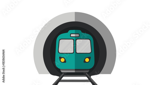 Teal Subway Train Emerging From A Dark Tunnel With Bright Headlights On Railway Tracks Under A Gray Archway