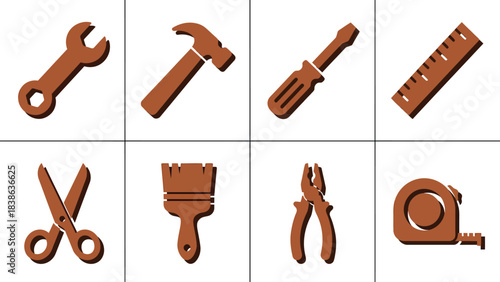 Set of Brown DIY Tools Icons for Home Improvement and Craft Projects