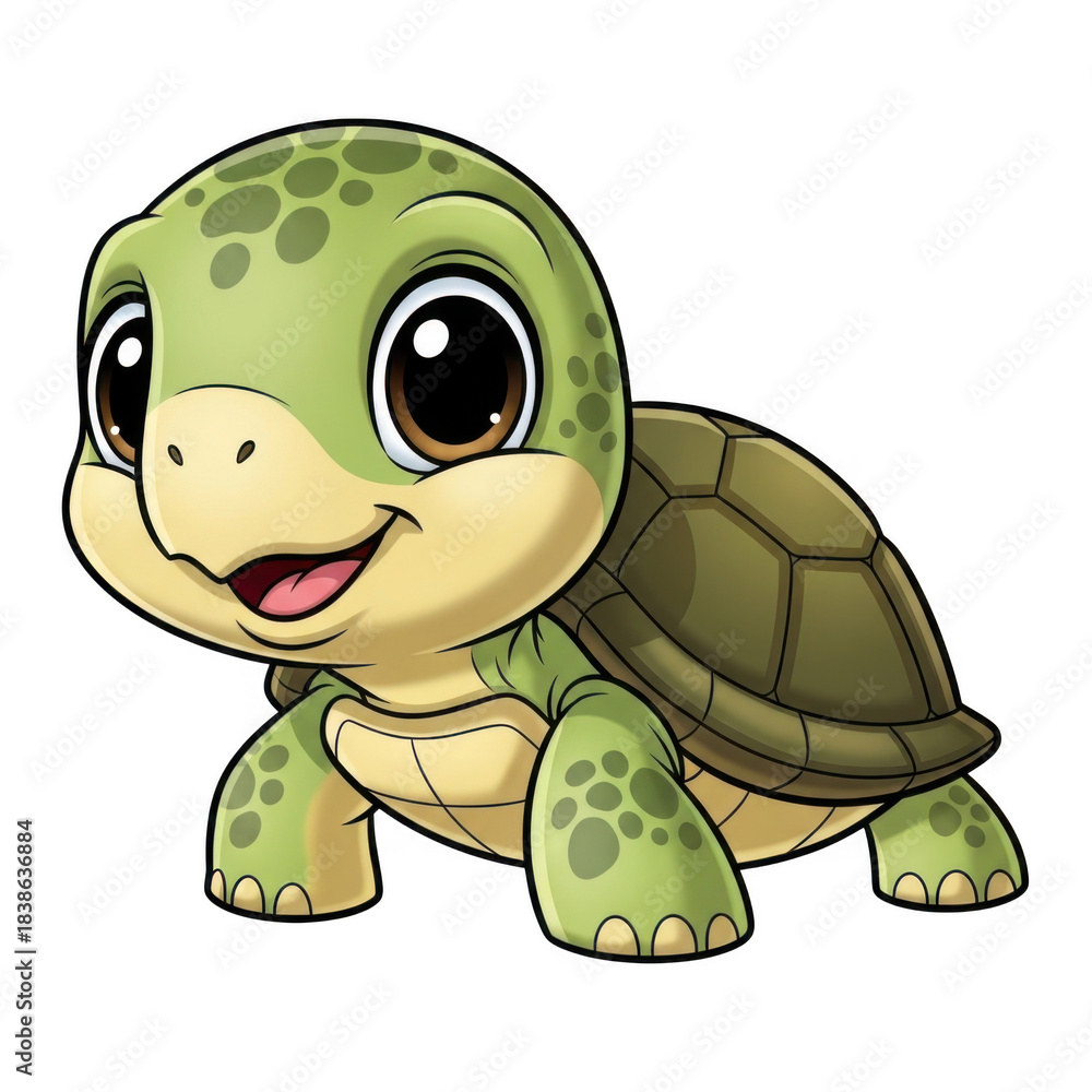 Fototapeta premium Adorable cartoon baby turtle with big eyes and a happy smile isolated on transparent background