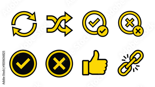 Set of Yellow Icons Refresh Shuffle Checkmark Cross Thumbs Up Link Vector Graphics on White Background