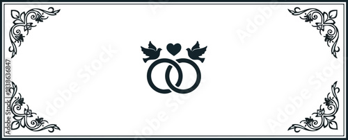 Black and white graphic border with four corner ornaments and central wedding rings doves and heart icon