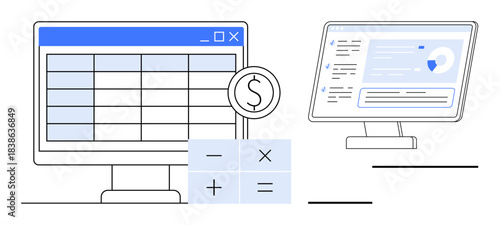 Finance, budgeting, digital tools, accounting, data analysis, online management. Two monitors displaying a spreadsheet and calculation tools. Finance and budgeting in modern digital tools