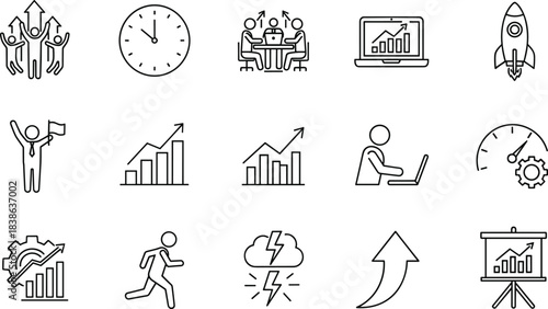 Business growth and success icons set, vector line art for career progress, team work, fast development, strategy meeting, time management, and performance analysis.