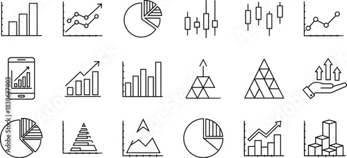 Business Data Analysis and Chart Line Icons Set, Financial Report Presentation, Statistical Graphs, Stock Market Candlestick, Pie and Bar Diagram, Outline Vector.
