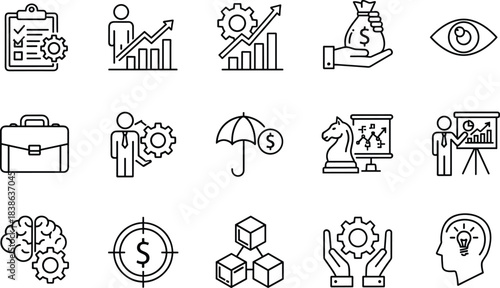 Business Strategy, Management, and Finance Line Icons: Growth, Investment, Risk, Analysis, Brainstorming, and Corporate Success Vector Set,