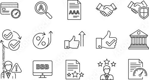 Financial Credit Rating and Business Trust Line Icons Set: Handshake Agreement, Document Quality, Thumbs Up Approval, Bank Building, Credit Score, Customer Review, Outline Vector Collection, isolated
