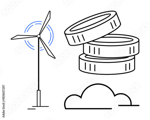 Renewable energy, sustainability, green investments, wind power, financial growth, environmentally friendly technologies. Wind turbine, coin stack and cloud design. Renewable energy