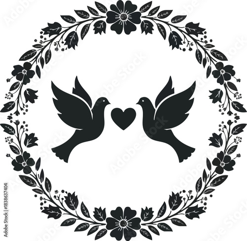 Black silhouette of two doves facing each other across a heart inside a floral wreath