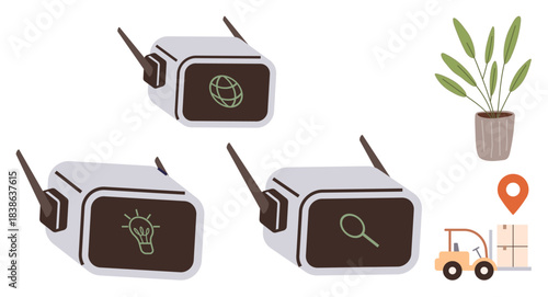 Smart devices with antennas and icons for global communication, search, and idea. Includes plant, location pin, forklift, and boxes. Ideal for technology, AI logistics innovation research