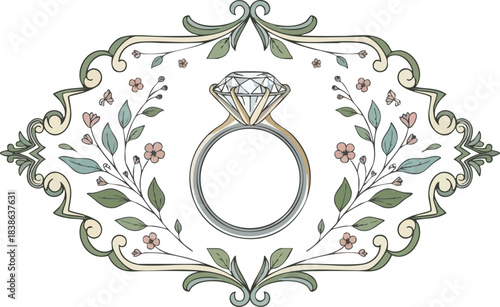 Diamond engagement ring framed by ornate scrollwork and floral vines