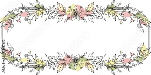 Floral banner with sketched outline pastel wash accents and rectangular frame outline