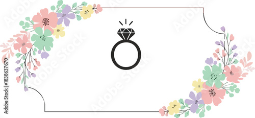 Floral border frame with a diamond engagement ring icon in the center
