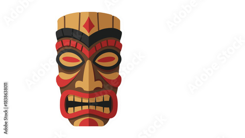 Tribal Tiki Mask With Fierce Expression And Red Accents Isolated On Black Background