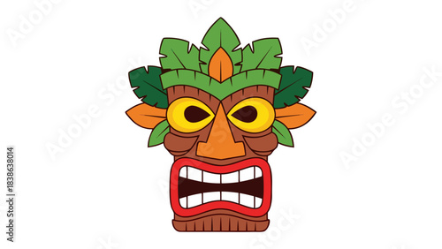 Tribal Tiki Mask With Vibrant Orange Mouth Yellow Eyes and Green Leaf Crown on Black Background