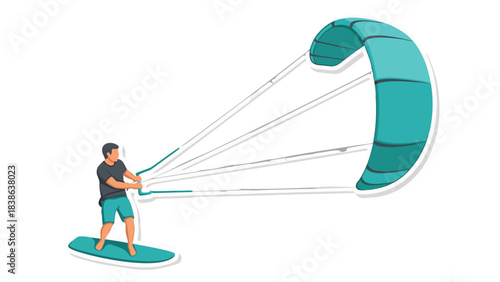 Turquoise Kiteboarding Sail Captures Wind Power With Man On Board Against Black Background Vector Illustration
