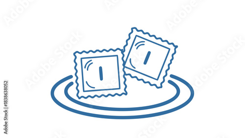 Two Blue Stylized Postage Stamps with Perforated Edges Resting on a Circular Outline Against a Black Background Featuring a Simple Graphic Design