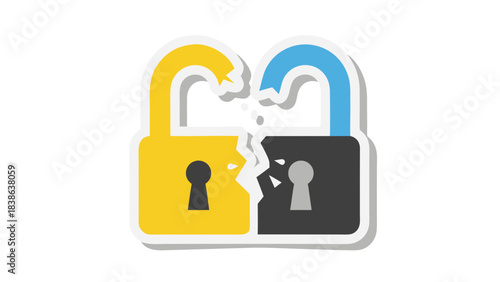 Two Broken Padlocks One Yellow and One Gray Symbolizing Security Breach or Unlock Concept on Black Background