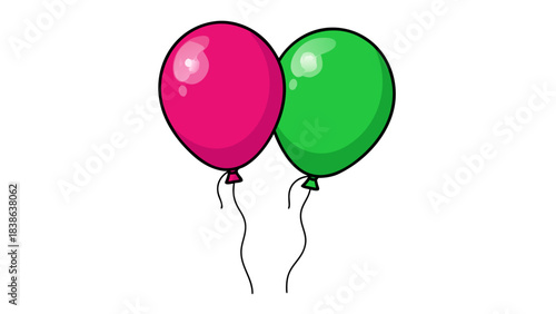 Two Brightly Colored Balloons Pink and Green Floating Together Against a Stark Black Background with Subtle Highlights and Reflections on the Surface