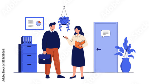 Two Business Colleagues Discussing Strategy Near A Blue Door In A Modern Office Setting With A Chart On The Wall And A Briefcase On The Floor