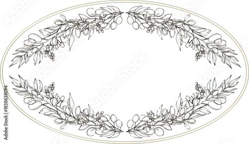 Oval frame decorated with grayscale botanical illustrations of leaves and berries