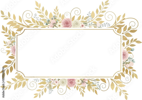 Rectangular frame bordered by gold leaves and blush pink and cream flowers