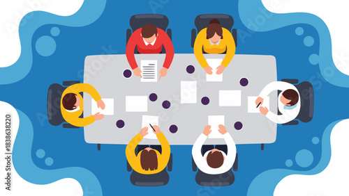 Top View Of A Business Meeting With Six Professionals Sitting Around A Conference Table With Papers And Pens In A Blue Office Setting