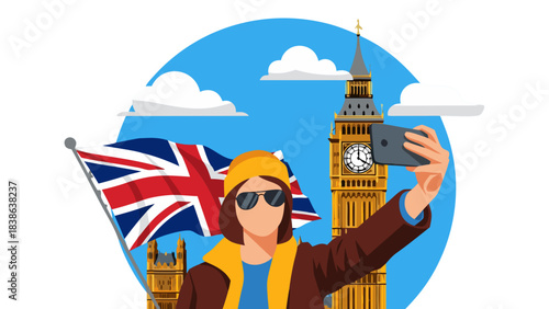 Tourists Take Selfie With Union Jack Flag And Big Ben Clock Tower Landmark In London England Blue Sky With Clouds Vibrant Colors
