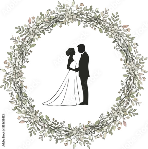Silhouette of bride and groom inside a watercolor floral wreath