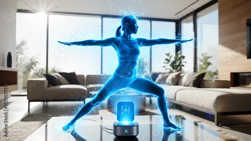 Futuristic Holographic Fitness Trainer Guiding Yoga Poses in a Modern Living Room.