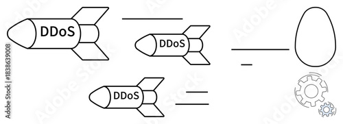 Cyberattacks, DDoS protection, network security, cybersecurity, digital threats, online safety. Three rockets labeled DDoS aimed at a node with a gear icon. Cyberattacks and DDoS protection concept