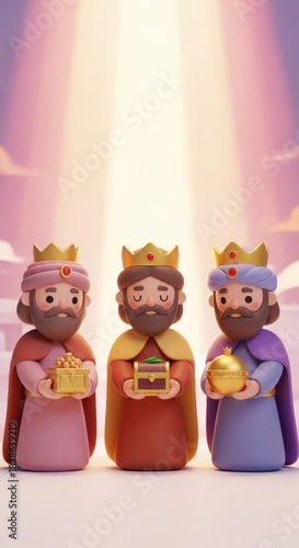 Three kings or wise men holding gifts, celebrating epiphany on a light purple background.