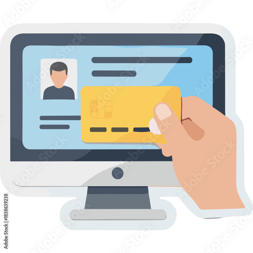 Human hand holding a golden credit card inserting it into a computer monitor displaying a profile page with a user icon and text fields for online transaction and digital payment security concept
