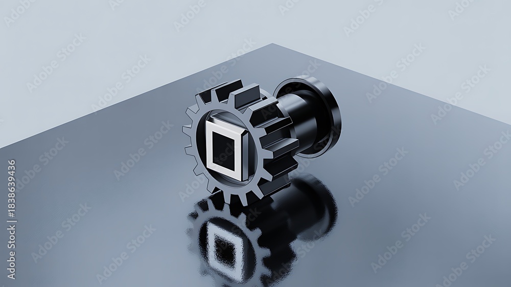 Naklejka premium 3D Rendered Image of a Sleek Black Industrial Gear with Central Square Cutout on a Reflective Surface, Symbolizing Innovation and Precision Technology