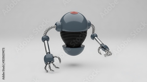 Futuristic 3D render of a sleek, spherical gray robot with extendable accordion body and intricate pincer claws, ready for action in a digital world