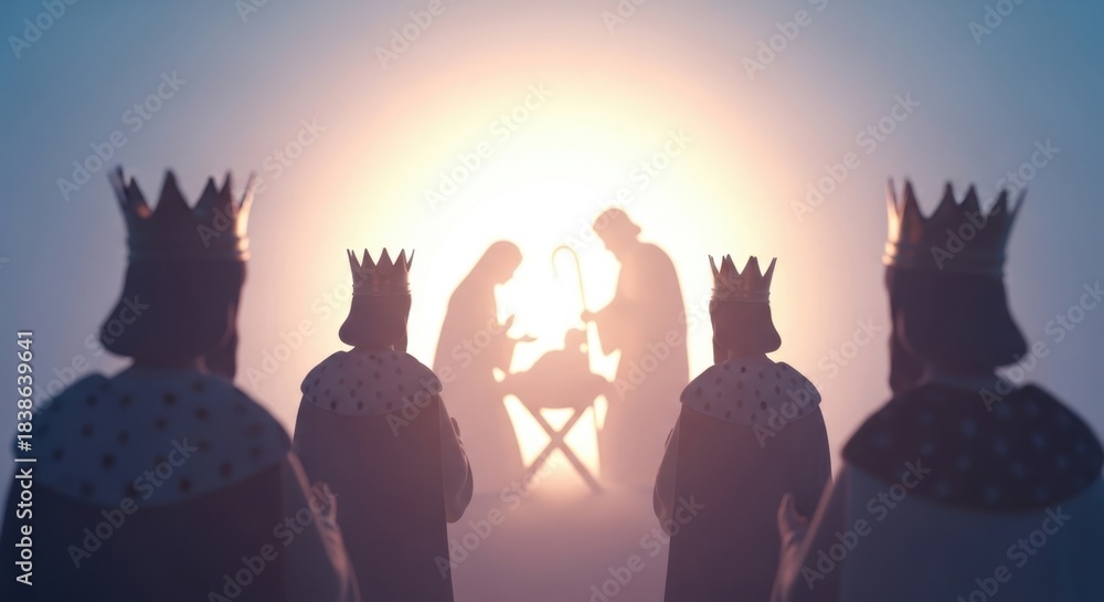 Fototapeta premium Three wise men visit baby jesus in a manger with mary and joseph in bethlehem.
