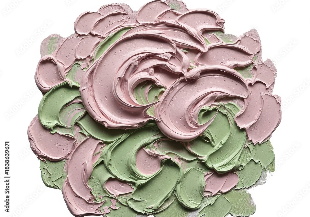 Obraz premium Thick swirling strokes of pale pink and soft green cosmetic product create an abstract floral texture