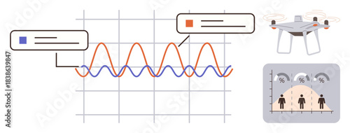 Graph with marked trends, a quadcopter hovering, and a population metric chart. Ideal for analytics, technology, innovation, research, demographics data trends futuristic designs. Simple flat