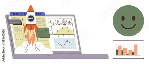 Rocket launching from laptop displaying charts, graphs, and task boards adjacent happy face and bar graph. Ideal for innovation, productivity, growth, analytics, motivation, entrepreneurship
