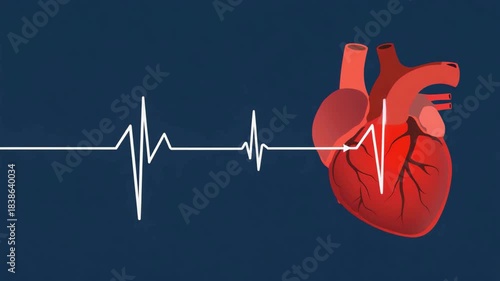 Realistic 3D anatomical human heart beating with glowing white pulse line on dark blue textured background.