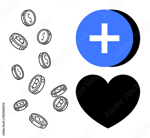Cryptocurrency concept. Bitcoin coins digital currency while the plus sign and heart growth and value in finance. Cryptocurrency in trading, fintech, donations, investments, wallets