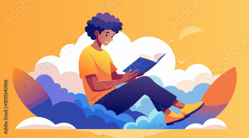 Young person with dark curly hair deeply engrossed in reading a book while sitting on clouds