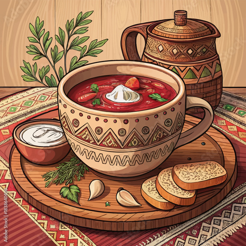 Traditional Ukrainian borscht soup served hot with sour cream and rye bread on a wooden tray