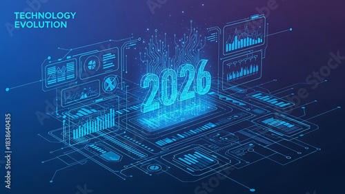 A futuristic blue electronic circuit board with a processor represents the digital blueprint of technology and communication networks