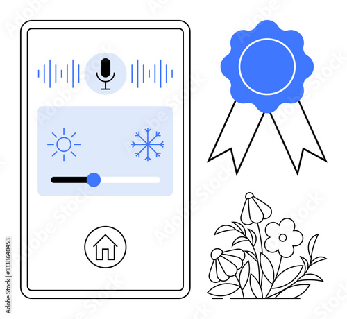 Smart home technology, voice assistance, climate control, recognition system, household automation, user interface design. Mobile screen, award ribbon floral design. Smart home technology and voice
