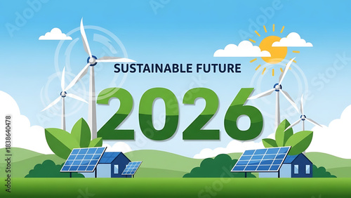 Green renewable electricity generator powered by solar panels and wind turbines in a blue sky landscape