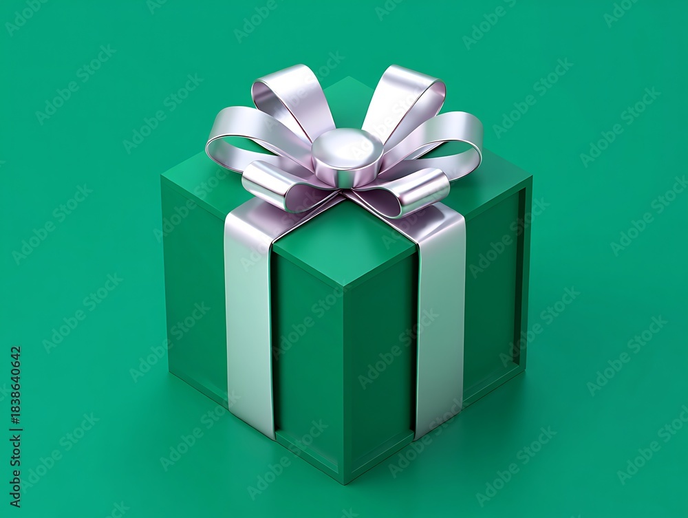 Fototapeta premium Elegant green gift box with shiny silver ribbon bow on a vibrant matching emerald background design