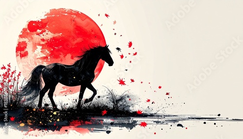 午年の年賀状に最適な和風デザインテンプレート。伝統的な墨絵タッチで描かれた力強い黒馬と赤い太陽、幻想的な山水画の背景が特徴。金箔のアクセントが高級感を演出し、目上の方への新年の挨拶にもぴったり。ダウンロード後すぐに印刷可能。干支の馬モチーフで縁起の良いデザイン。おしゃれで個性的な年賀状をお探しの方におすすめの一枚。