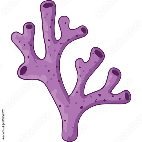 Illustration of a branching purple sea sponge with small dark spots on a black background