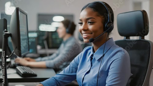 Confident young Black female professional with headset smiling while working at computer in call center